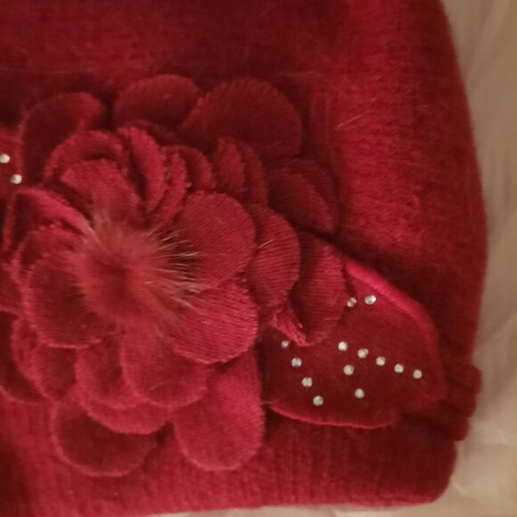 COPY - Brand New Dark Red Winter Rabbit and Wool Knitted Hat with Flower for wo… - Picture 2 of 4